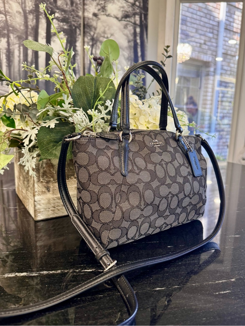 Coach Mini Kelsey Satchel Black Gray Signature Crossbody Bag